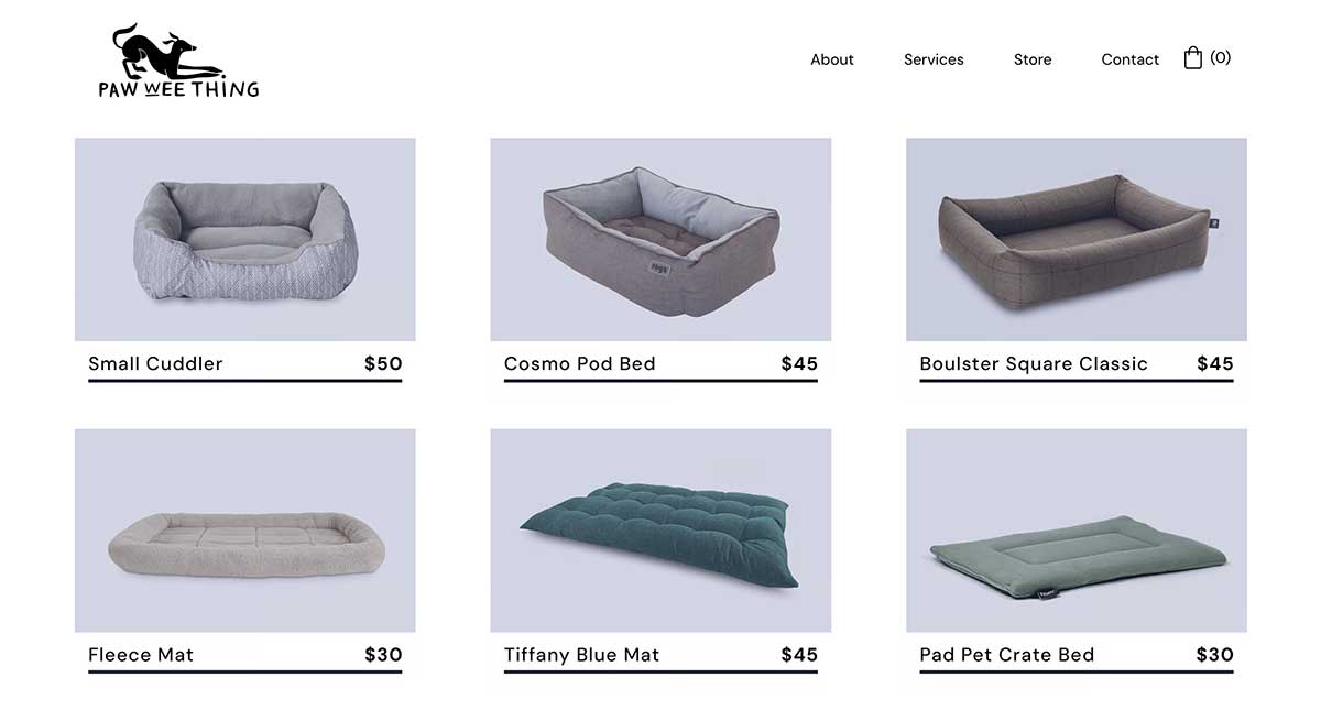 Webpage showing six photos of types of beds and baskets for dogs